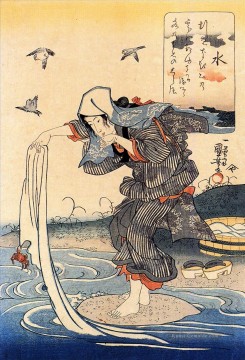 Frau, die ihre Wäsche im Fluss Utagawa Kuniyoshi Ukiyo e Ölgemälde